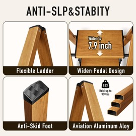 Mayi Plus 2 Step Ladder,Aluminum Folding Step Stool for Adults,Step Ladder with Wide Anti-Slip Pedal,330 lbs Capacity for Home,Office,Kitchen,Library(Woodgrain)