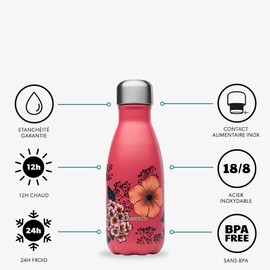QWETCH - Isothermal Originals Bottle - Anémones 260ml - Nomadic Stainless Steel Bottle - 24h Cold and 12h Warm - Waterproof, BPA Free & Reusable