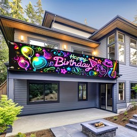 ​ BlissYard Disco Music Hall Neon Birthday Banner 79 x18 Birthday Photography Backdrop Colorful Party Decoration with Music Notes Balloons DIY Colorful Graffiti Banner Karaoke Party Celebrations ​