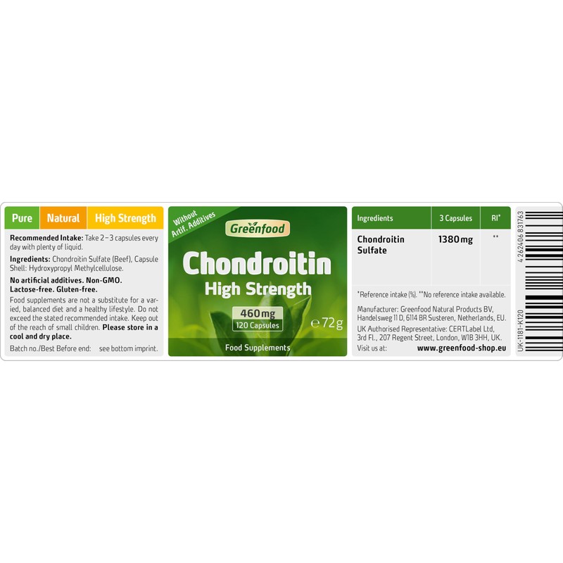 Greenfood Chondroitin, 460 mg, high dose, 120 Capsules - high