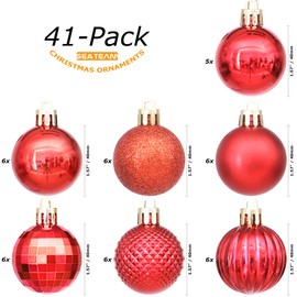 Sea Team 41-Pack Christmas Ball Ornaments with Strings, 40mm/1.57" Small Size Baubles, Shatterproof Plastic Christmas Bulbs, Hanging Decorations for Xmas Tree, Holiday, Wedding, Party, Red