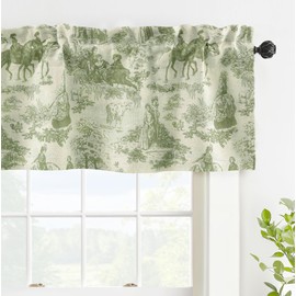 DriftAway Toile Linen Lined Valance Double Layer Thermal Room Darkening Blackout Window Valance Curtain for Kitchen Bathroom Farmhouse French Country Vintage Printed Pattern Single 14 Inch Loden Green