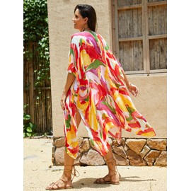 Moss Rose Women's Beach Cover up Swimsuit Kimono Cardigan with Bohemian Floral Print Multicolor