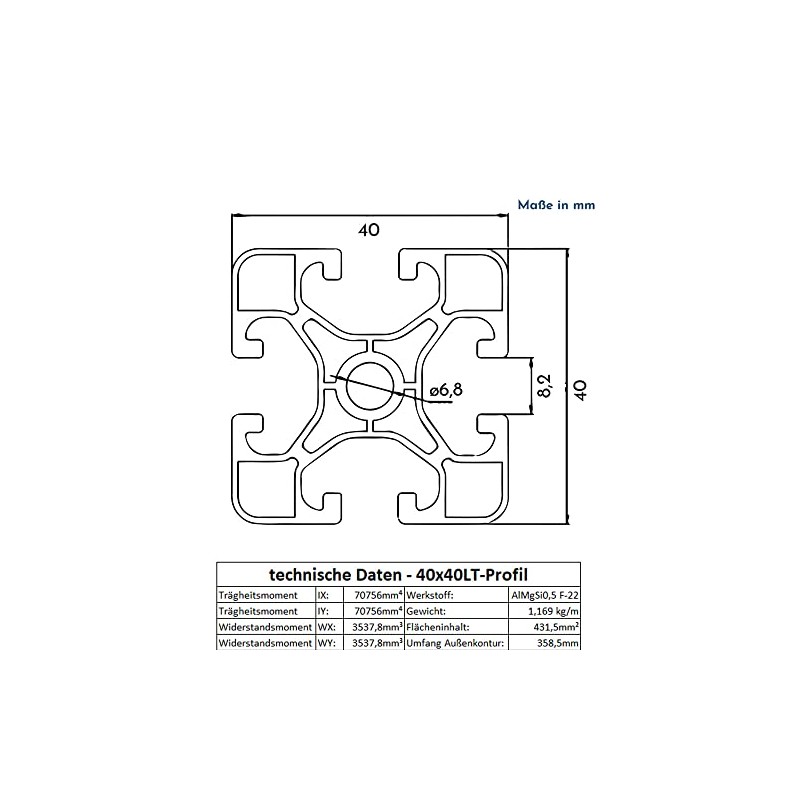 Aluminium Profile 40 x 40 mm Light Groove 8 Aluminium