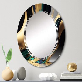 DesignQ Modern wall mirror, Oval Modern mirror, Round Green bathroom mirror, Abstract Transitional vanity mirror Agate in Green and Gold II printed mirror decor, oval mirror 20x30