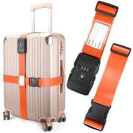 Luggage Straps, Orange TSA Approved Luggage Strap Belt with Combination Lock for Suitcases, 2 Pack Adjustable Heavy Duty Cross Suitcase Straps with Name Tags for Travel, Carry On Bags, Protect Luggage