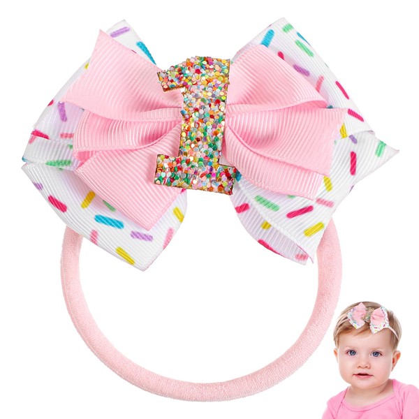 1st Birthday Baby Girl Bow Headband Pink Sprinkle Decorations 1st