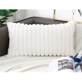 PANOD Faux Fur Decorative Lumbar Throw Pillow Covers 16 x 26,Plush Long Boho Lumbar Pillow Covers Pillow Case Cushion Case for Bed Sofa Farmhouse Livingroom,White