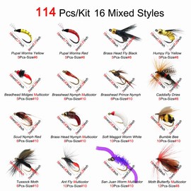Qitewwrme 40/48/54/114pcs Fly Fishing Flies Kit Fly Assortment with Dry/Wet Flies,Nymphs,Streamers,Popper Midges,Moth,Worms Trout Bass Fishing Fly Lure/Bait (114Pcs/Box(16 Mixed Styles))