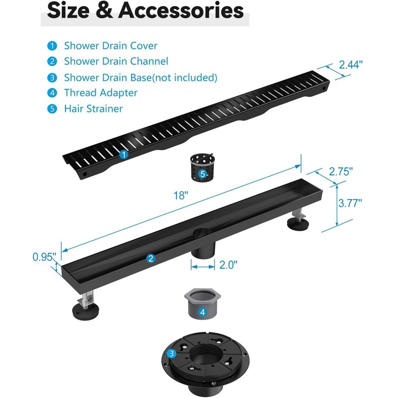 Shower Drain Stainless Steel for Bathroom: Black Linear Shower Drain