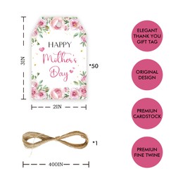 50pcs Happy Mother's Day Thank You Tags, Pink Flower Love You Mom Gift Tag with String for Mother's Birthday Party, Best Mom Ever Favor Tag for Mom