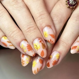 24Pcs Maple Leaves Press on Nails Medium Almond Shape Fall Fake Nails With Designs Reusable Maple Leaf False Nails Stick on Nails Autumn Winter Acrylic Nails Full Cover Nail Tips for Women Girls
