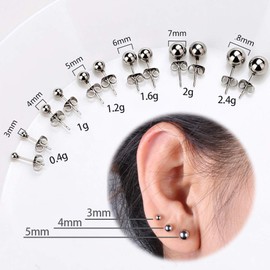 Ball Stud Earrings Unisex Set of 6 Pairs 316L Stainless Steel Plain Ball Round Bead Set Shiny Earrings All Size-3mm 4mm 5mm 6mm 7mm 8mm for Men Women Unisex