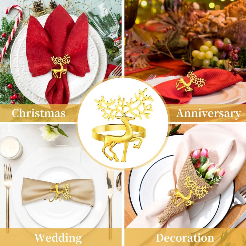 12Pcs Golden Christmas Reindeer Napkin Rings, Xmas Elk Napkin Holders