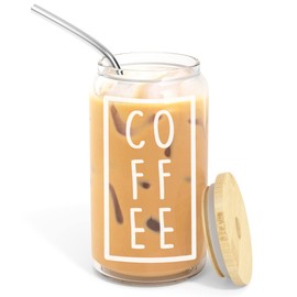 16 oz Bamboo Lid & Straw Iced Coffee Tumbler - Mason Jar Style Glass Cups for Iced Coffee, Boba & Smoothies