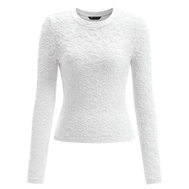 PRETTYGARDEN Women's 2025 Fall Long Sleeve Lace T Shirts Crewneck Silm Fit Embroidered Fashion Mesh Tops Shirts(White,Large)