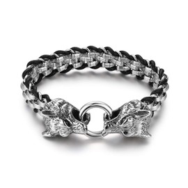 Men's Black Silver Leather Stainless Steel Bracelet, Twin Wolf Heads, Braided Leather Bracelet