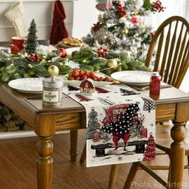 Artoid Mode Xmas Trees Red Truck Snowflake Merry Christmas Table Runner, Seasonal Winter Kitchen Dining Table Decoration for Home Party Decor 13x36 Inch
