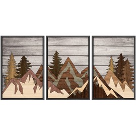 SIGNWIN Framed Canvas Print Wall Art Set Wood Panel Mountain Range Forest Nature Wilderness Illustrations Modern Art Decorative Farmhouse Zen for Living Room, Bedroom, Office - 24"x36"x3 Black