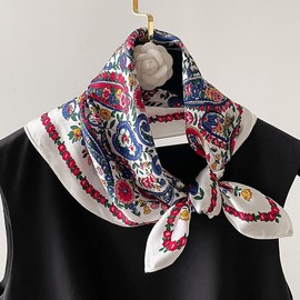 MEISEE 100% Pure Mulberry Silk Scarf 21" Square Scarf Neckerchief Headscarf Breathable Lightweight for Women Gift Packed (M3 White Blue Red Cashew Floral)