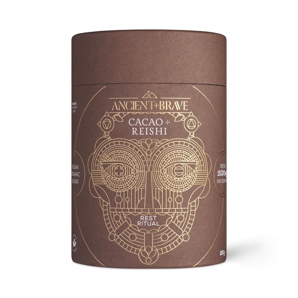 Ancient + Brave Cacao + Reishi 250g Tub - High Grade Nutritious Raw Cacao, Reishi Mushroom, Baobab and Chicory - Smooth Chocolate Blend - Stress Reducing