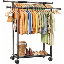 Sakugi Double Rods Clothes Rack - Metal Clothing Rack with Fixed Double Rods, Rolling Wheels & Built-In Shelf for Closet, Bedroom, Laundry Storage (39" x 17" x 60", Black)
