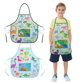 ROSEMO Pack of 2 Cooking Aprons Children's Dinosaur Kitchen Apron Boy Children's Apron with Pocket Work Apron Craft Apron Painting Apron Gift for Children 3-12 Years for Cooking Painting Crafts