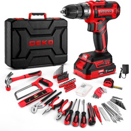 Red Drill Tool Kit Set: 20V Cordless Power Drill Tool Box with Battery Electric Drill Driver for Men Home Hand Repair Basic Toolbox Tools Sets Drills Case