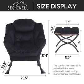 SESHINELL Lazy Chair with Ottoman, Modern Accent Chair Contemporary Lounge Leisure Sofa Chair with Armrests, Reading Chair and Folding Footstool Set for Living Room, Bedroom, Office, Velvet Black