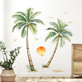 Tanlaby Wall Sticker Palm Tree Large Wall Sticker Green Leaves Tree XXL Tropical Plants Wall Sticker Sunset Beach Motif Bedroom Living Room Office Wall Decoration