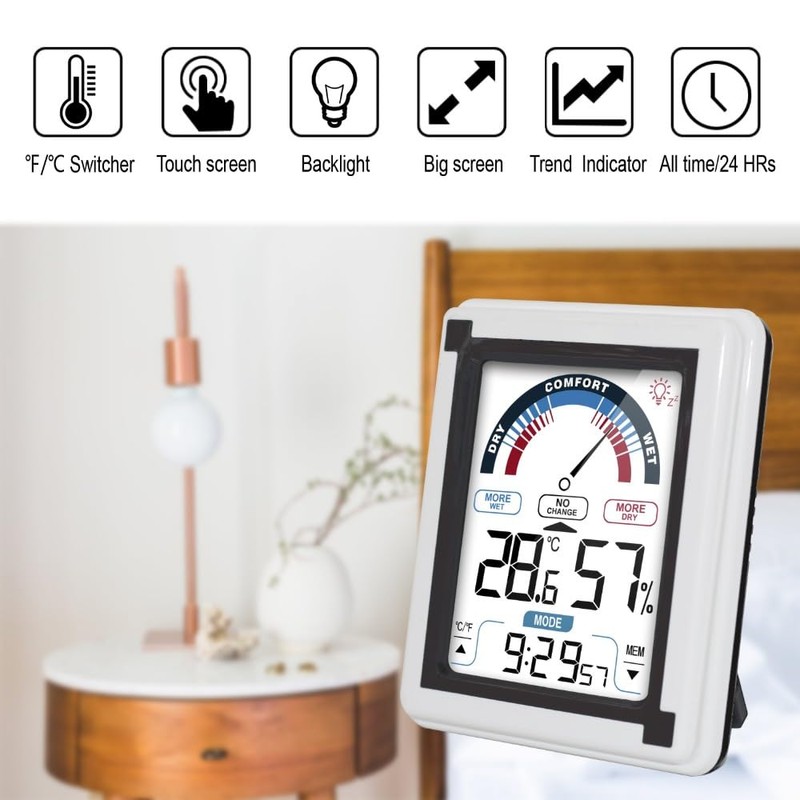 Meichoon Indoor Thermometer Humidity Meter Large Electronic Alarm Clock Touch