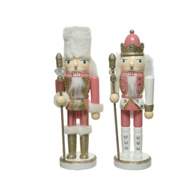aemingk Wooden Nutcracker Figure 25 cm x 1 Piece Assorted with Fur Hat Crown Soldier Husar Prince Pink