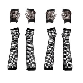 VIKSAUN 4-way long and short net gloves, black, fingerless, mesh for women, evening wear, 80s costume party
