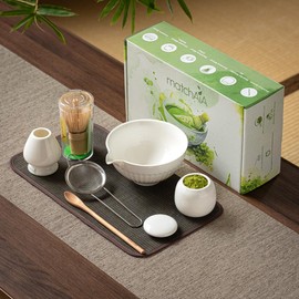 MatchAiA 6 Pcs Matcha Set - Ceramic Bowl with Spout, Matcha Whisk with Holder, Tea Powder Canister, Sifter and Spoon, Complete Kit for Traditional Matcha, Modern Lattes, and Tea Ceremonies (White)