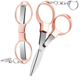 2Pcs Mini Folding Scissors, Safe Portable Travel Mini Scissors, Safety Foldable Pocket Badge Small Shears All Purpose with 2 Keychain for Travel, Home, Office, Craft, Sewing (Rose Gold)