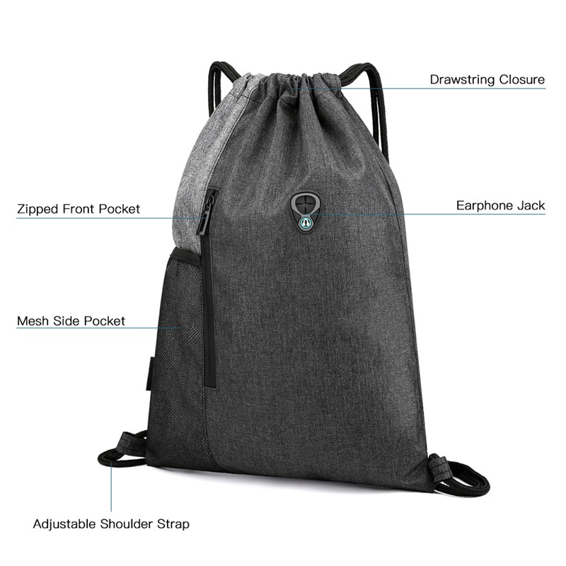 Gym Sack with Earphones Jack Drawstring Backpack Water-resistant Drawstring Bucket