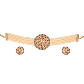 Touchstone Indian Bollywood Traditional Rhinestone Kundan Polki Faux Pearls Colorful Beads Strings Designer Jewelry Choker Necklace Set in Antique or Gold Tone for Women., Metal