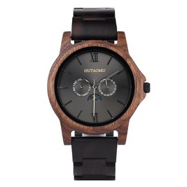 HUTAOMU Men's Watch, Men's Wooden Watch, Ebony Watch Band Walnut Watch, Handmade Light Casual Minimalist Wrist Watch with Moon Phase Function, Black
