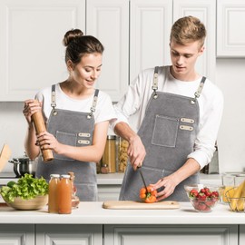 Cotton Canvas Cross Back Apron for Art Painting Garden Chef Bartender Work,Women Men 3 Pockets Waterproof Adjustable M-XXL, Grey, 22 inches wide x 31 inches tall