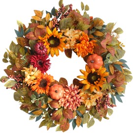 Bibelot 24 Inch Sunflower Pumpkin Fall Wreath for Front Door - Artificial Grapevine Harvest Decor with Dahlias & Hydrangeas, Thanksgiving Autumn Wreaths Indoor Outdoor, Farmhouse