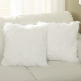 Stratford Park White Faux Fur Pillow Covers, 18 x18 Set of 2, Luxury Fluffy Decorative Pillow Cases Throw Pillow Cover