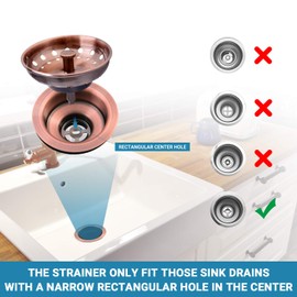 KONE Copper Kitchen Sink Strainer Basket, 2 Pcs Stainless Steel Antique Copper Sink Drain Strainer and Sink Stopper for Standard 3-1/2 inch Sink Drain, With Metal Center Knob and Rubber Drain Stopper