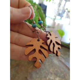 Caramel copper brown large wooden leaf - Monstera earrings. Unique, long, lightweight earrings on long kidney hooks with howlite spacer in turquoise
