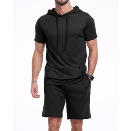 Aiyino Men's Tracksuit 2 Piece Hooded Athletic Sweatsuit Short Sleeve Casual Sports Hoodie Shorts Set L Black