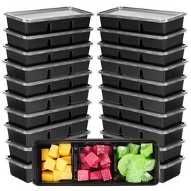 Hushee 5 Pack 17 oz Small Meal Prep Containers with 3 Compartments Snack Containers with Lid Disposable Plastic Bento Box Travel Lunch Food Boxes Stackable for Office Picnic (Black)
