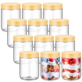 Norme 12 Pcs Glass Jars with Lids Empty Small Glass Containers and Inner Liners Reusable Cosmetic Jars Round Airtight Bottles with Plastic Wood Grain Lids for Travel (16 oz)