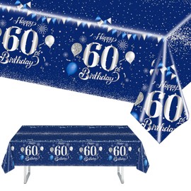 MORAINJAY Birthday Tablecloth for 60,Navy Blue Silver Table Cloth for 60th Birthday Party,137x274cm Table Cover,Rectangular Waterproof Tablecloth for Men,Women, Birthday Party Supplies Table Decor