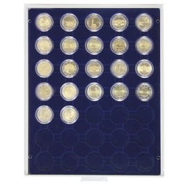 Coin box with 30 compartments of 32 mm Ø for coins in capsules (Lindner 2530M) Marine (grey drawer, blue insert)
