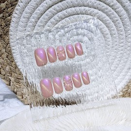 24 PCS Cat's Eye Fake Nails Bow False Nails Flash False Nails White False Nails Glossy Fake Nails Full Cover Stick on Nails Art for Women and Girls Daily Decoration