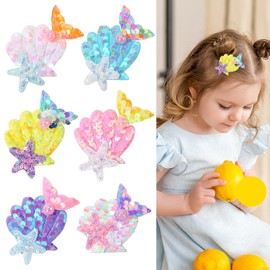 12Pcs Colorful Mermaid Hair Clips, Fabric Bling Sparkly Hair Barrettes, Glittering Starfish and Seashell Hairpins Hair Accessories